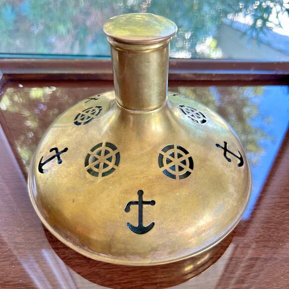 Vintage Swedish Captain’s Decanter – Brass Over Glass, Cork Top – Anchor Design - Picture 2 of 11